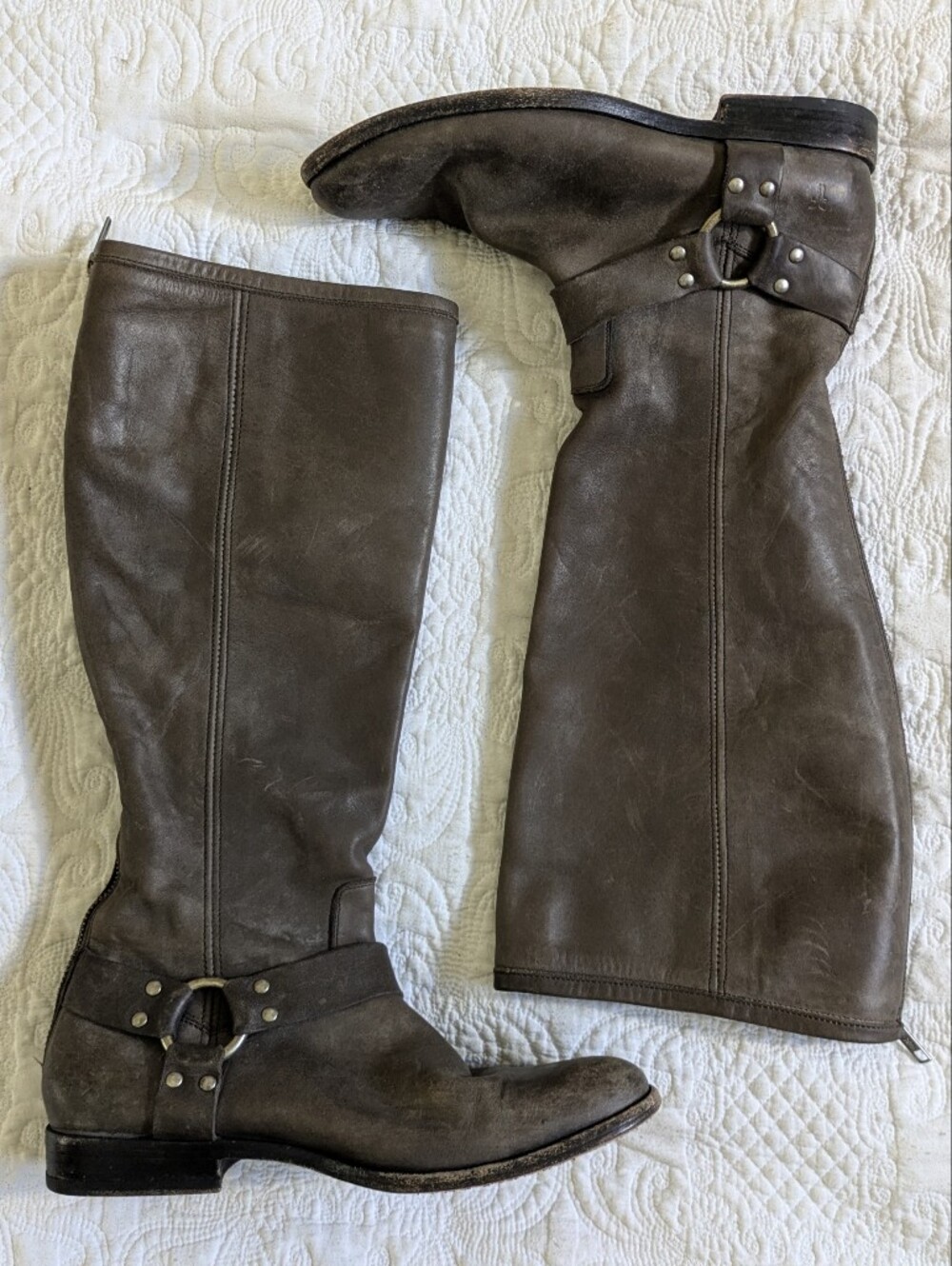 Frye Brown Grey Leather Harness Knee-High Boots